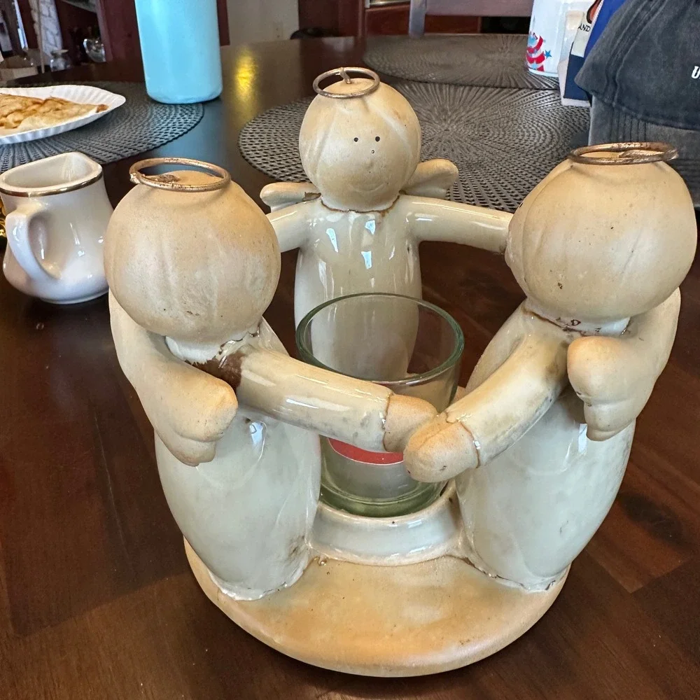 Angel Circle Candle Holder Vintage Tan Ceramic Clay Votive‎ Centerpiece 6.5in